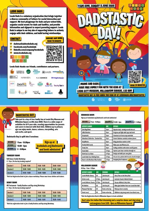 Image is a colourful brochure outlining a family event. 