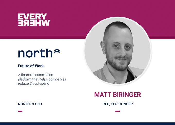A company profile card for North with a magenta header displaying the mirrored logo of 'EVERYWHERE' Ventures. On the left, the North logo appears above the label 'Future of Work' and the description: 'A financial automation platform that helps companies reduce Cloud spend.' The website 'NORTH.CLOUD' is listed below. On the right, there is a circular black-and-white portrait labeled 'Matt Biringer, CEO, CO-FOUNDER.