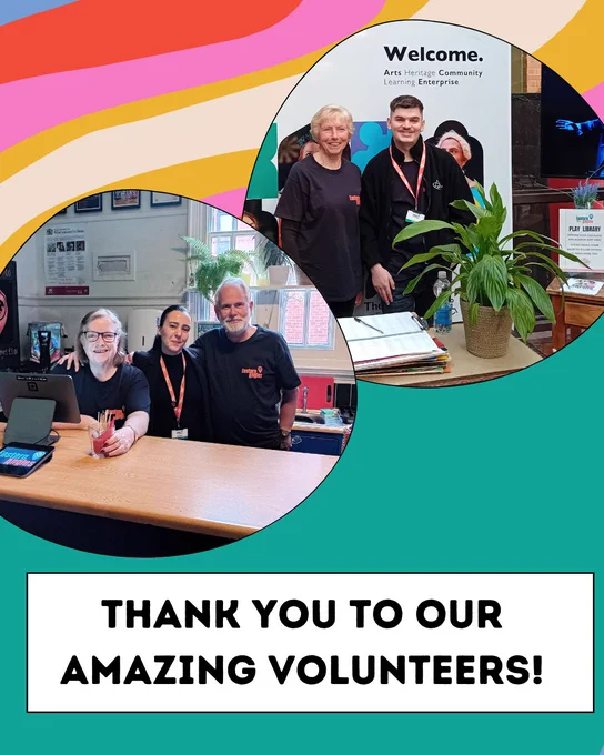 EA volunteers pose for photos behind the bar at the welcome foyer of the Eastern Angles Centre. A banner underneath has text "Thank you to our amazing volunteers!"