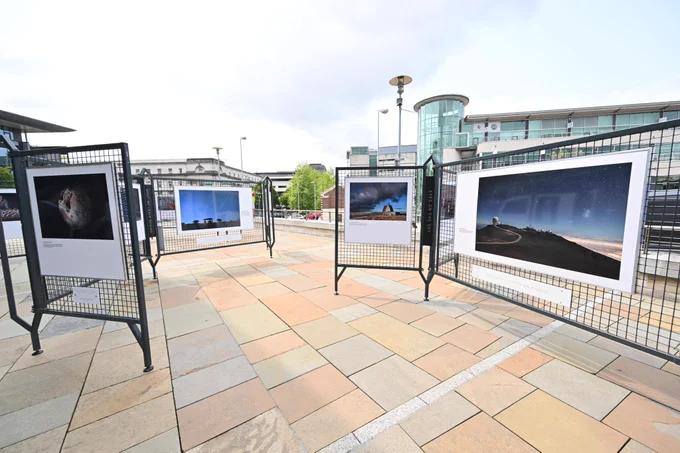 The 'Our Fragile Space: Protecting the Near-Space Environment' exhibition outside ICC Belfast.