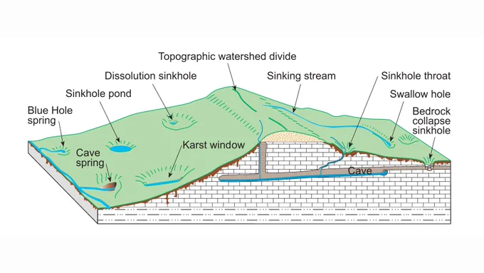 Graphic of a karst groundwater system that includes a cave spring, blue hold spring, sinkhole pond, karst window, dissolution sinkhole, sinking stream, sinkhole throat, swallow hole, bedrock collapse sinkhole, and cave.