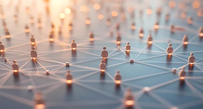 Abstract representation of a network of people connected by glowing lines and nodes, symbolizing communication, social networks, or data sharing, with a warm and futuristic lighting effect.