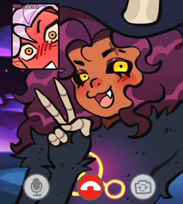 a video call between luz and amity. titan! luz's screen takes up the view this time, smugly grinning at amity with a peace sign. amity is in the smaller window whose entire face is red in shock