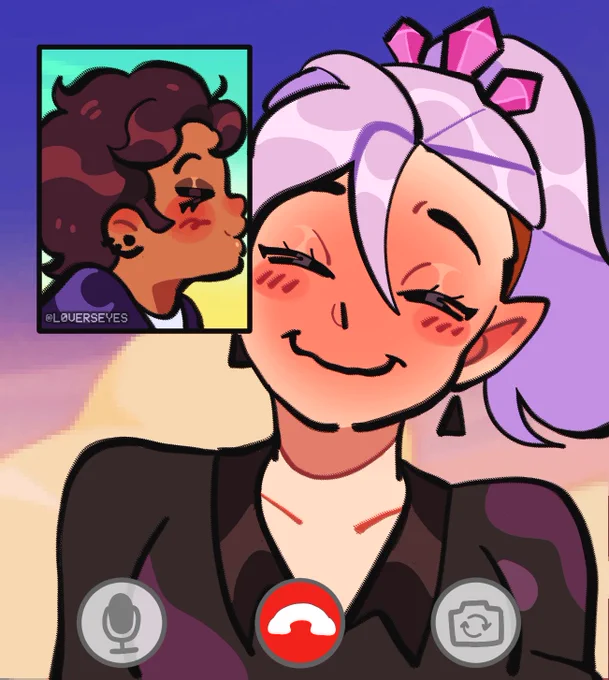 a video call between luz and amity. amity's screen takes up the view, with luz in a smaller window who appears to kiss amity on the cheek. amity appears to melt, eyes closed in lovey-dovey glee