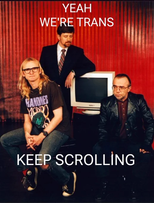 Picture of The Lone Gunmen from the X-Files. The text reads: "Yeah, we're trans. Keep scrolling".