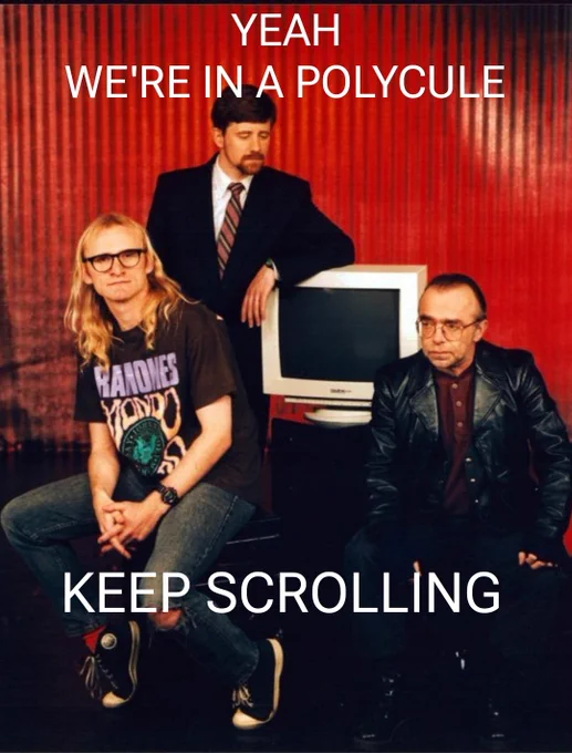 Picture of The Lone Gunmen from the X-Files. The text reads: "Yeah, we're in a polycule. Keep scrolling".