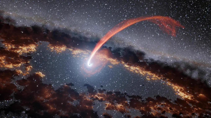 A bright white glow surrounded by dark and orange swirling clouds depicts a black hole in space, with stars dotting the background, creating a dramatic and mysterious atmosphere.