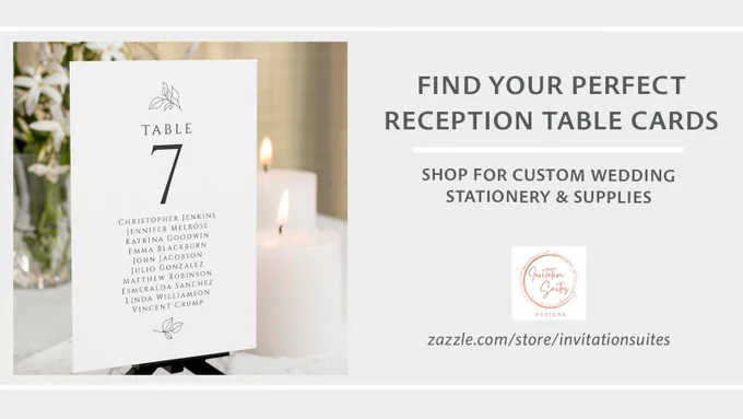 Black and white wedding table number card featuring classic serif font, botanical leaf accents, and customizable guest list template.

