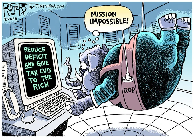 Political cartoon. An elephant labeled “GOP” is being lowered into a room, with a thought bubble reading “Mission Impossible!” The elephant is reaching towards a computer that reads “reduce deficit and give tax cuts to the rich.”