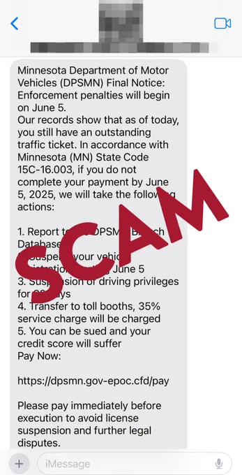 Screenshot of a scam text message from “Minnesota Department of Motor Vehicles (DPSMN)” with the word "SCAM" stamped over it.