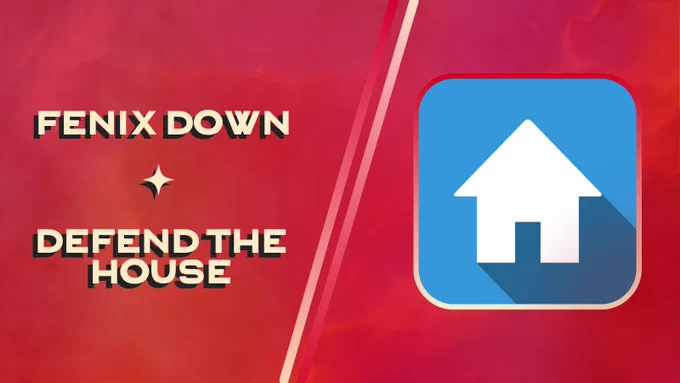 Red graphic announcing DefendTheHouse as the newest creators being represented by Fenix Down. On the left, the words "Fenix Down" appear just above the name "DefendTheHouse" and on the right, a blue logo with a white house in it.