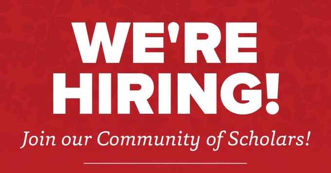 Red banner with white text stating 'WE'RE HIRING! Join our Community of Scholars!'