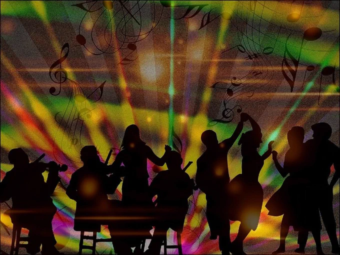 People play music and dance against a colorful background.