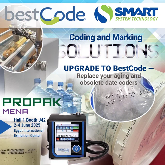 BestCode Egypt (Smart System Technology) is exhibiting at Propak MENA
📍 Hall 1, Booth J42
📅 June 2-4, 2025
If your legacy date coding systems are increasing downtime, maintenance costs, or no longer supported — it’s time to consider smarter alternatives. It’s time to replace your aging and obsolete date coders with BestCode.

At Propak MENA, our team of coding and marking experts will showcase BestCode’s advanced continuous inkjet (CIJ) solutions designed for modern production environments:
✅ Minimal maintenance
✅ Long-term reliability
✅ Total cost of ownership advantage
✅ Seamless integration into existing lines

We’re helping manufacturers across industries optimize operations, reduce coding-related disruptions, and stay compliant with evolving production demands.

Whether you're planning CAPEX upgrades or exploring strategic automation, come talk to our coding and marking experts at the show. Let’s discuss how to move your production forward.