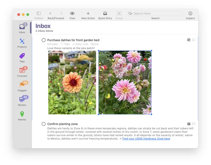 Screenshot demonstrating image attachment resizing in OmniFocus 4.6 for Mac
