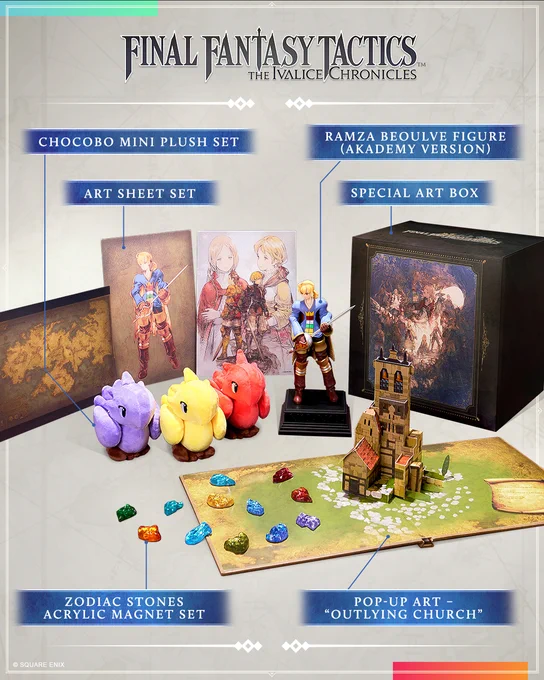 Final Fantasy Tactics - The Ivalice Chronicles Collector's Box. Featuring Chocobo mini plush set. Art sheet set. Zodiac stones acrylic magnet set. Ramza Beoulve figure (Akademy version). Pop-up art - "Outlying church". Special art box.