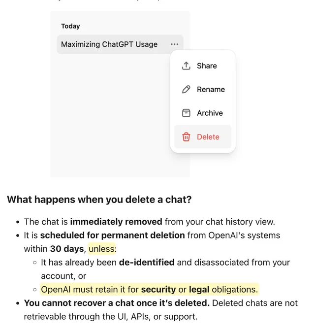 Screenshot of OpenAI's website describing what happens when you delete a chat?

The chat is immediately removed from your chat history view.

It is scheduled for permanent deletion from OpenAI's systems within 30 days, unless:

It has already been de-identified and disassociated from your account, or

OpenAI must retain it for security or legal obligations.

You cannot recover a chat once it’s deleted. Deleted chats are not retrievable through the UI, APIs, or support.