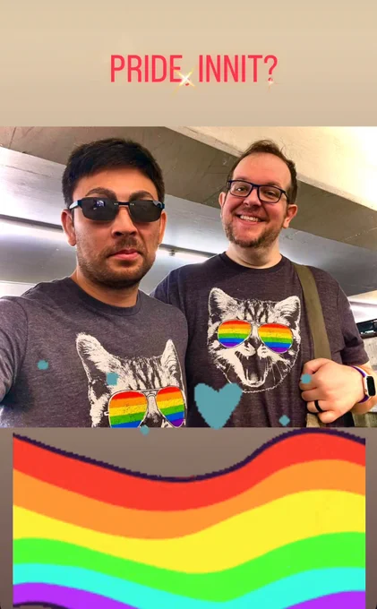 Dominic Burgess and his Fiance on a plate with pride shirts and a cartoon pride flag. Red text says Pride Innit?