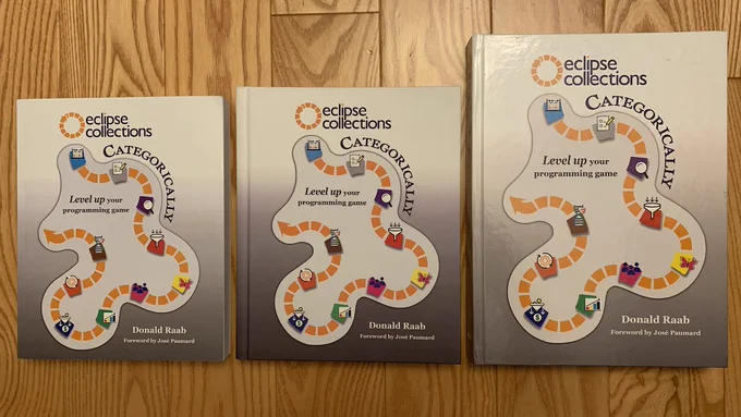 Three copies of Eclipse Collections Categorically book on a wood floor as backdrop. Copy on the left is paperback glossy (7.5 x 9.25 inches) available on Amazon. Copy in the middle is hardcover matte (7.5 x 9.25 inches) available on Barnes and Noble in U.S. Copy on the right is hardcover glossy (8.25 x 11 inches) available on Amazon.