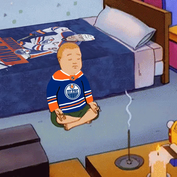 Bobby Hill praying in an Oilers jersey meme