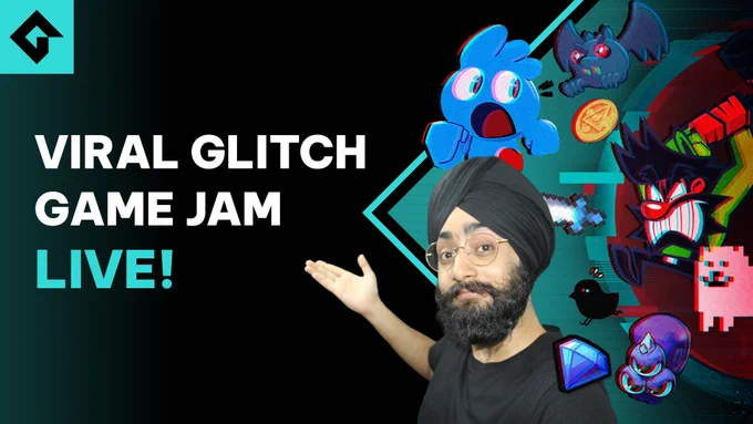 Gurpreet gestures to the side, in front of a background featuring the text "Viral Glitch Game Jam Live!" and various colourful GameMaker game characters.