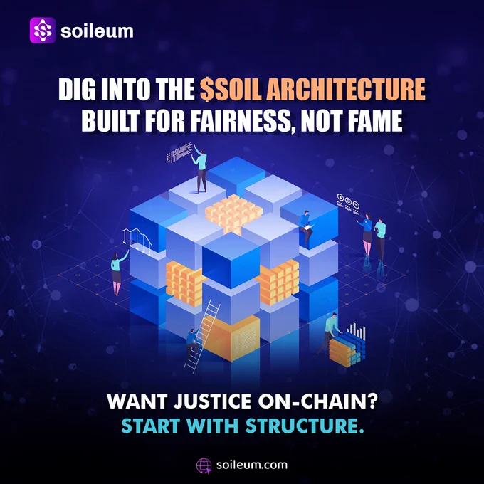 3D blockchain cube with people building and analyzing, symbolizing the structured $SOIL architecture for fairness in Web3.