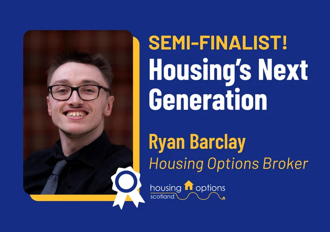 Photographic portrait of Ryan Barclay next to text reading semi-finalist, Housing's Next Generation, Ryan Barclay Housing Options Broker