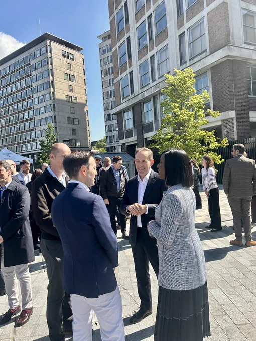 Deputy Chief Executive of Tideway London, Matthew Parr and Florence Eshalomi MP speaking to the project team at the opening of the new public space as part of the Tideway Tunnel project at Albert Embankment.