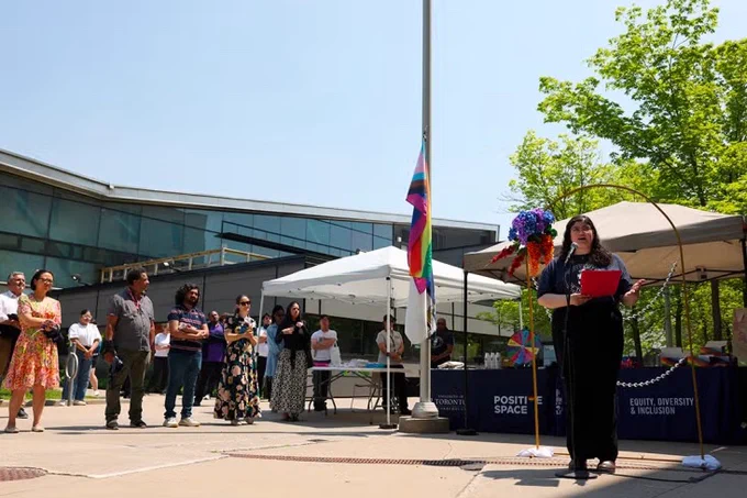 Monica Khoshaien speaks at the U of T Scarborough flag raising ceremony