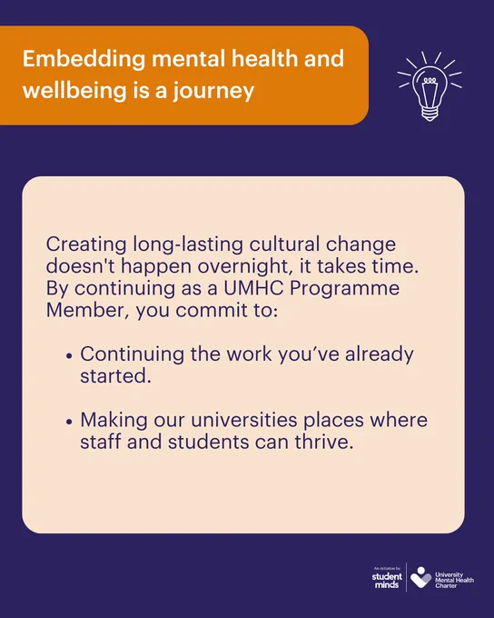 Dark blue background with an orange title 'embedding mental health and wellbeing is a journey', next to a white lightbulb illustration and a pale orange box with the text

'Creating long-lasting cultural change doesn't happen overnight, it takes time.
By continuing as a UMHC Programme Member, you commit to:

Continuing the work you’ve already started.

Making our universities places where staff and students can thrive.  '
