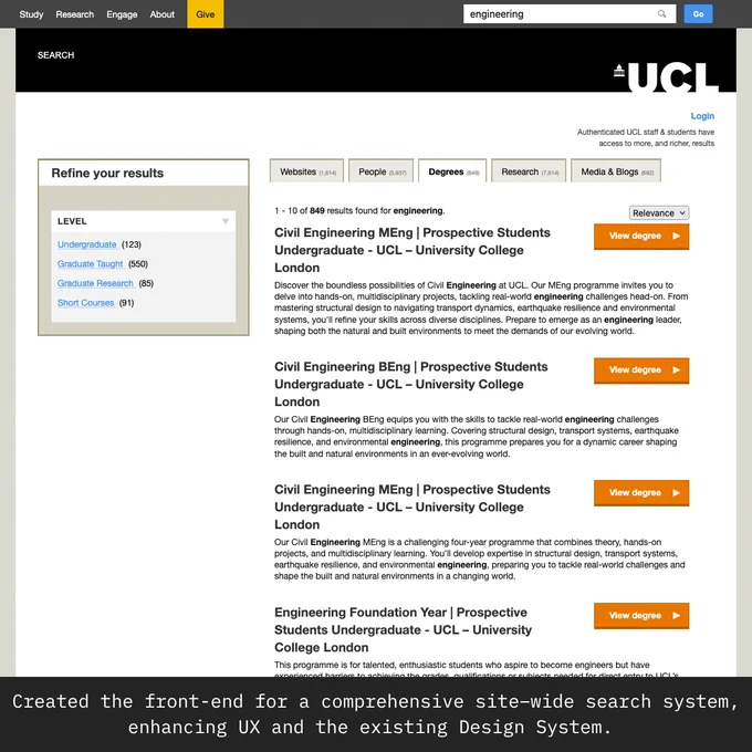 A composition of elements from the UCL site-wide search system, highlighting search functionality, filters, and a clean user interface. The design features a modern layout with blue and white tones. The caption reads, 'Created the front-end for a comprehensive site-wide search system, enhancing UX and the existing Design System.'