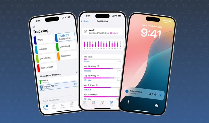 Banner showing three iPhones that are displaying various features of Timelines 4. On the left: Tracking screen with pinned event names. In the middle: history of a combined goal. And on the right: improved live activity with stop button.