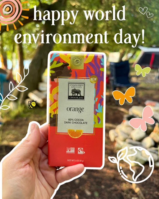 A hand holding a bar of Endangered Species Chocolate with an orange label, featuring the theme "Happy World Environment Day!" decorated with doodles of leaves, butterflies, and a planet set against a blurred natural outdoor background.