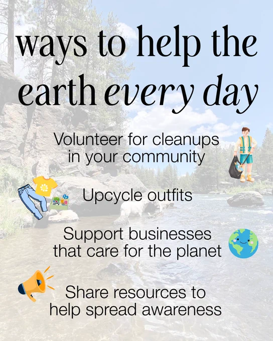 Poster with tips on helping the Earth every day, featuring text suggestions such as volunteering for community cleanups, upcycling outfits, and spreading awareness about environmental care. The background shows a serene waterfall scene.