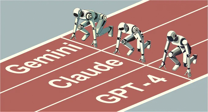 Humanoid robots in starting positions for a sprint, labelled as different LLMs
