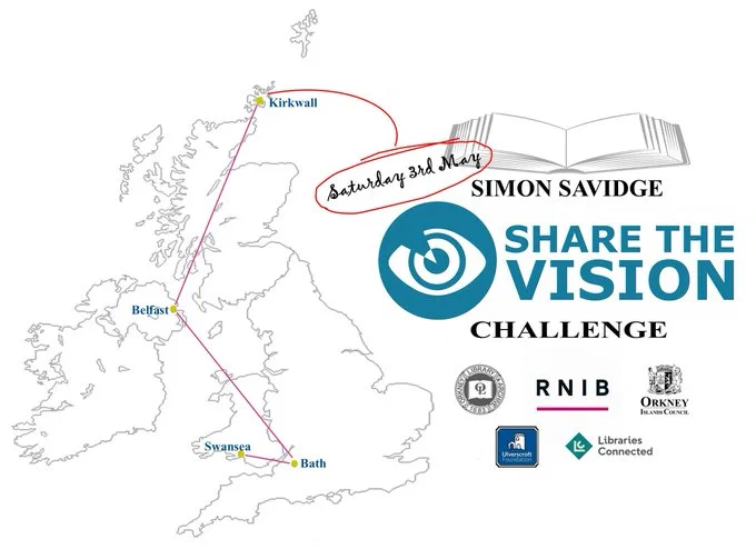 A poster showing the Share the Vision and a map of the UK showing the route Simon Savidge took across the country