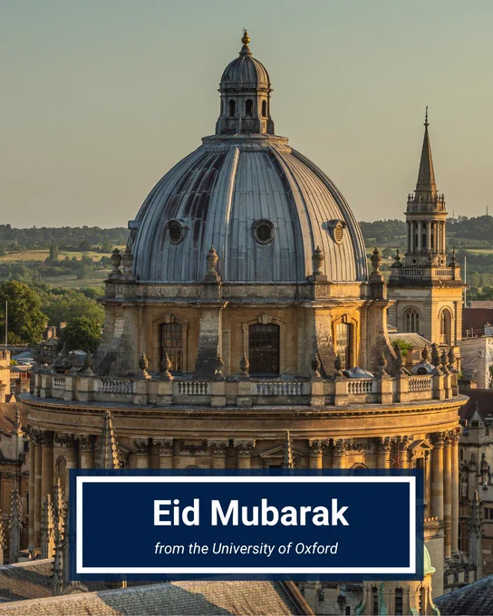 Eid Mubarak greeting over an aerial view of the Radcliffe Camera at the University of Oxford during sunset.