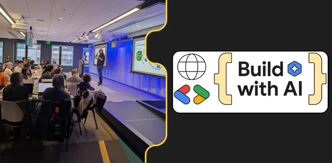 Image shows a person on stage speaking to an audience. A box shows development-related illustrations against a dark background. Text reads "Build with AI".