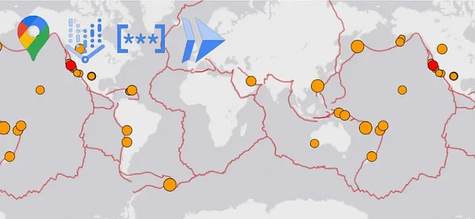 A map of the world shows the locations of earthquakes, with red lines indicating tectonic plates. Google logos appear near the top of the image. 