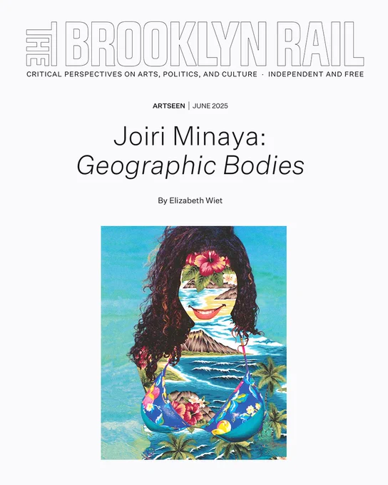 Image: Joiri Minaya, Woman-landscape (On opacity) #4, 2020. Archival ink print. 8 x 10 in. Courtesy of the artist.
A news headline reviewing Joiri Minaya’s show in the Brooklyn Rail. One of her collage photo works is featured – a woman with long hair in a bikini composited with tropical beach landscapes.
