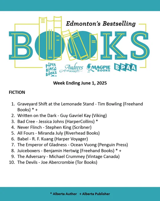 Edmonton Bestseller List for the week ending June 1 2025. A PDF of the list can be found on our website through the following URL: http://bookpublishers.ab.ca/programs/edmonton-bestseller-list/