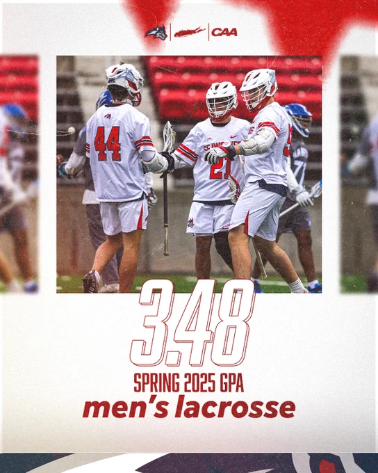 Three Stony Brook men's lacrosse players in white and red uniforms are interacting on a field with a graphic overlay celebrating their spring 2025 GPA of 3.48.