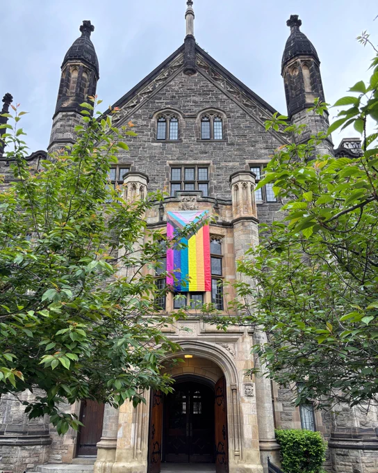 Progress Pride Flag on display near the front entrance to Trinity College