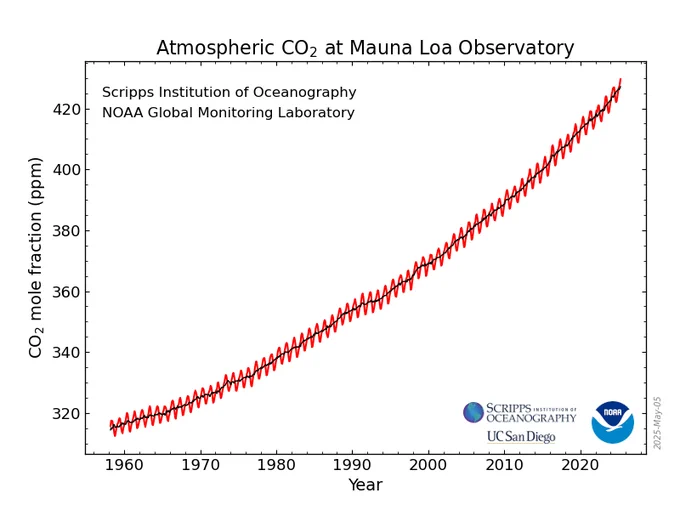 Graph showing the full record of combined Scripps data and NOAA data for atmospheric CO2 at the Mauna Loa Observatory