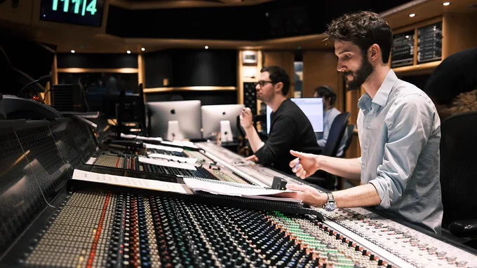 Individuals operating a large audio mixing console in a professional recording studio.