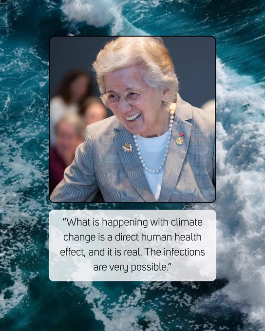 Ocean waves in background, inset image of woman with white hair in glasses and gray suit, text reads: What is happening with climate change is a direct human health effect, and it is real. The infections are very possible. 
