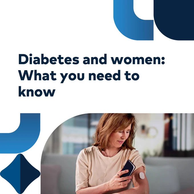Text "Diabetes and women: What you need to know" Woman checking blood sugar with phone and arm monitor