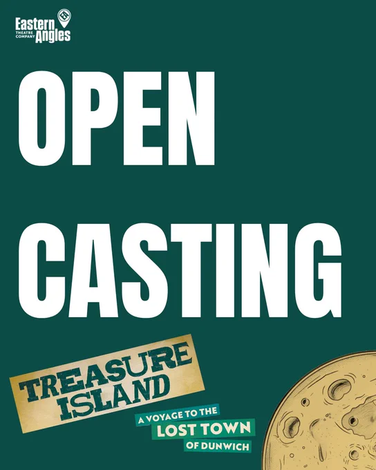 OPEN CASTING in white text against a dark green background with Treasure Island title and a moon along the bottom
