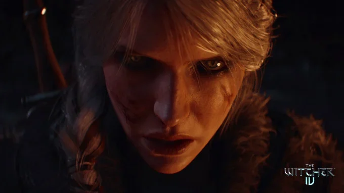 Close up image of Ciri, a white female character with grey hair and yellow 'Witcher' eyes. A 'The Witcher IV' Logo is in the bottom right corner.
