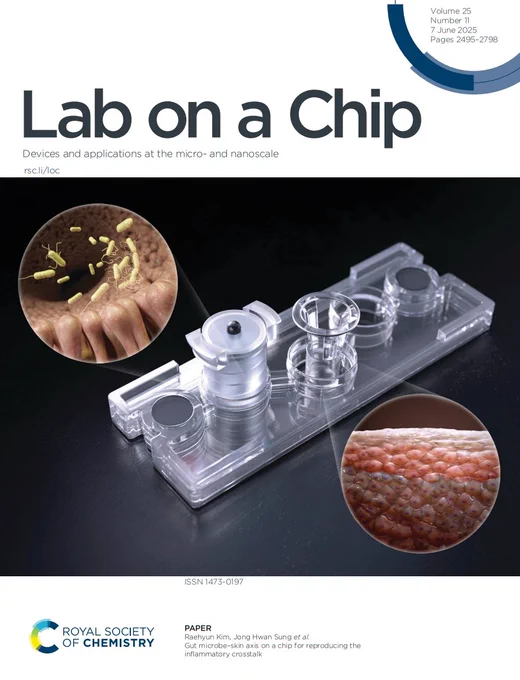 Front cover of issue 11 of @LabonaChip. Image shows microfluidic chip modelling the gut microbe-skin axis.